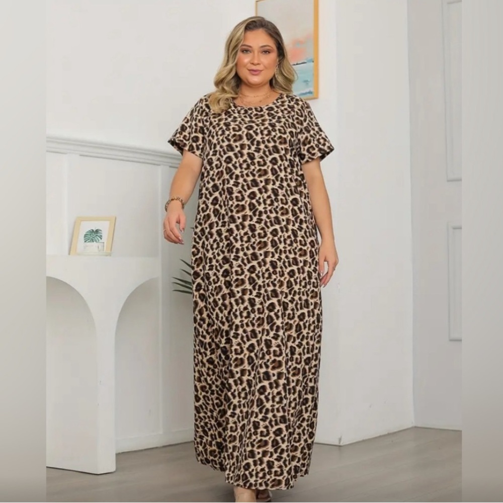 Leopard Print Maxi Dress NEW Short sleeve Round neck, comfy, 100% polyester.